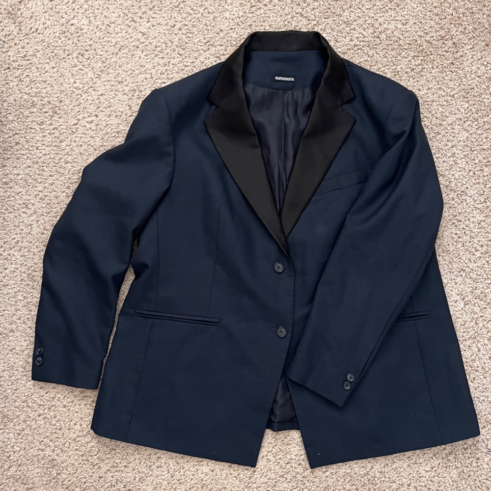 Mens Navy Blazer with Black Satin Lapel